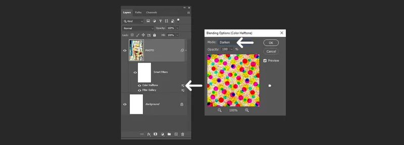 Changing the blend mode of the color halftone filter