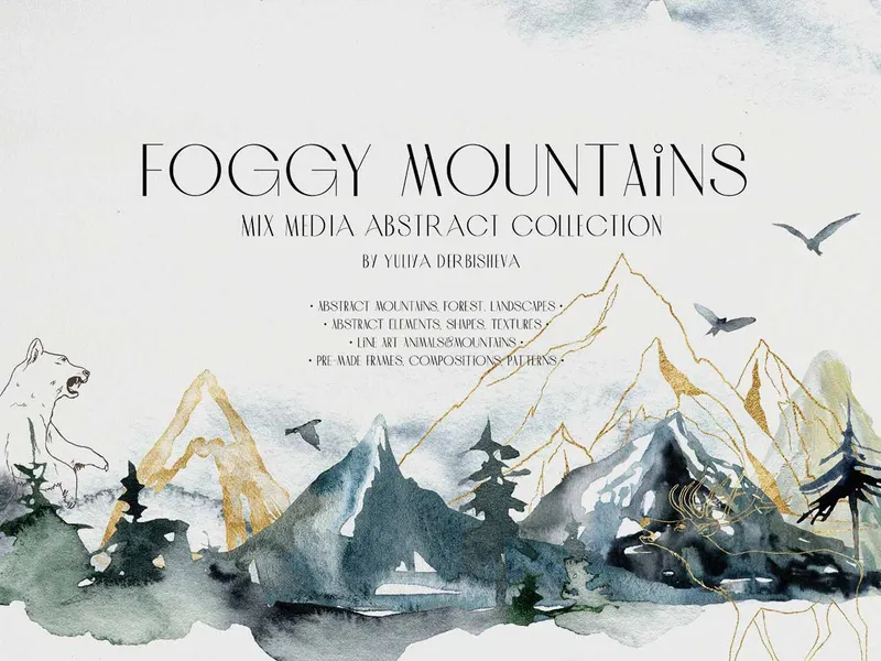 Foggy Mountains & Forest Watercolor